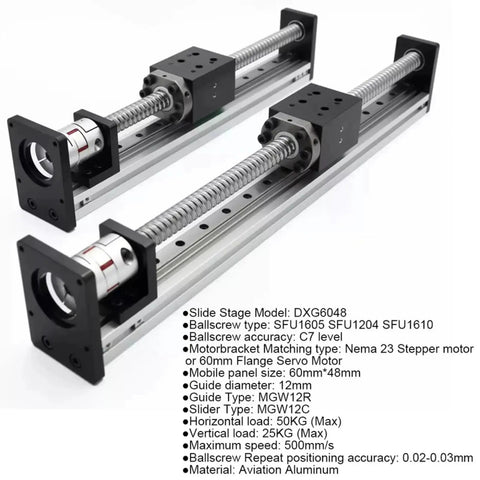 Heavy Duty XYZ Liner Block Linear Guide With 40mm Width And SFU1605 Ball Screw For Smooth Sliding Table Motion Up To 50kg Load Max In 600mm Length Setup - DXG6048 model with aviation aluminum and 50kg horizontal load.