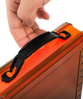 Close-up of hand holding orange and translucent tackle box handle, part of Three Pack Double Sided Fishing Lure Boxes With 14 Compartments