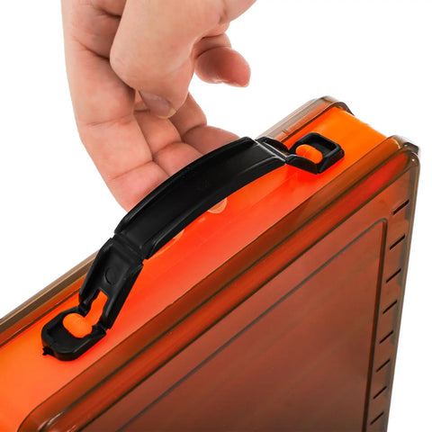 Close-up of hand holding orange and translucent tackle box handle, part of Three Pack Double Sided Fishing Lure Boxes With 14 Compartments