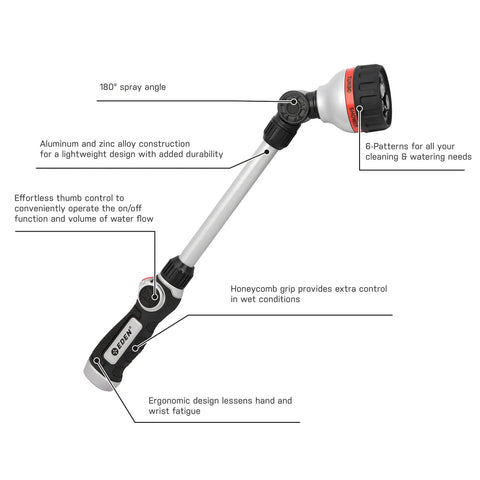 Six-Pattern 18-Inch Turbo Watering Wand With Jet Mist Soaker Flat And Shower Sprays Lightweight Aluminum And Zinc Alloy Construction