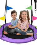 Two kids sitting on a purple Tree Swing Saucer For Kids 40 Inch Heavy Duty With Adjustable Straps 900 Lbs Capacity Built Tough For Backyard Fun
