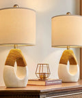 Small Boho Table Lamps Set Of 2 For Bedroom And Living Room, Farmhouse Rattan Rustic Nightstand Lamps on wooden surface