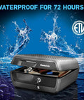 Fireproof And Waterproof Document Safe With Key Lock For Cash Passport And Jewelry 16.5 W X 14.8 D X 7.6 H Black 0.36 Cu Ft Heavy Duty Home Safe Peace Of Mind visible with open lid and water droplets