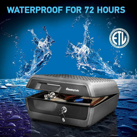 Fireproof And Waterproof Document Safe With Key Lock For Cash Passport And Jewelry 16.5 W X 14.8 D X 7.6 H Black 0.36 Cu Ft Heavy Duty Home Safe Peace Of Mind visible with open lid and water droplets