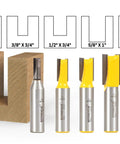 Five Piece Straight Router Bit Set With One Half Inch Shanks And Premium Micro Grain Carbide Blades For Quick Deep Dados On CNC Or Handheld Routers Cuts Smooth As Silk With Zero Hassle This Workhorse Bit Set Is Built To Dominate Every Project. Displaying different router bit sizes for creating precise dados.