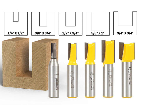 Five Piece Straight Router Bit Set With One Half Inch Shanks And Premium Micro Grain Carbide Blades For Quick Deep Dados On CNC Or Handheld Routers Cuts Smooth As Silk With Zero Hassle This Workhorse Bit Set Is Built To Dominate Every Project. Displaying different router bit sizes for creating precise dados.