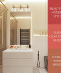 Three Light Vanity Bathroom Light With Clear Glass Shades In Warm Brass Finish above modern bathroom vanity
