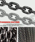 Heavy Duty Four Strand Lifting Chain Sling With Industrial Hoist Chain And Secure Locking Hook Constructed From Solid Cast Steel Rings For Rock Solid Forklift And Crane Rigging Jobs, G80 manganese steel chain close-up.