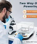 Scientist using Pro Grade 500g Analytical Balance With 0.001g Readability Digital Lab Scale, shown with windscreen and power options