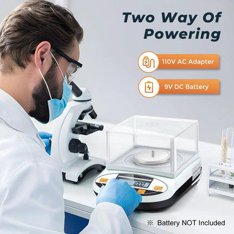 Scientist using Pro Grade 500g Analytical Balance With 0.001g Readability Digital Lab Scale, shown with windscreen and power options