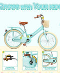 Girls 20 Inch Bike With Basket And Kickstand For Ages 5 To 12 With Adjustable Seat And Suspension Fork Plus Dual Disc Brakes And Steel Frame In Green For Everyday Ride That Feels Totally Ready - side view with features highlighted