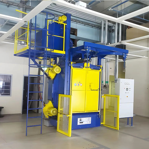 Hook Type Shot Blasting Machine For Mining Machinery Parts Tough And Ready To Treat Crusher Components Conveyor Frames And Drill Bits In Mining Equipment Production Facilities, blue-yellow industrial unit