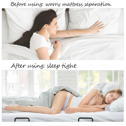 Before and after using Ditch The Daily Slide, Keep Your Mattress Locked Down With These Heavy Duty Retainer Bars, Black Metal Slide Stopper Brackets.