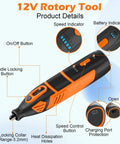 Product details of Hardcore 12V Cordless Rotary Tool Kit with buttons, indicators, and ergonomic grip for diverse tasks.