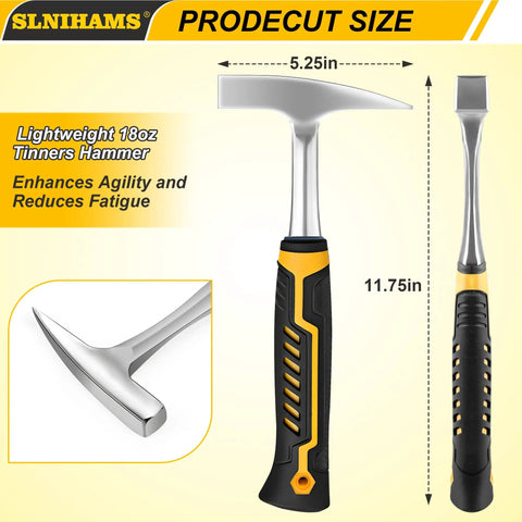 Heavy Duty 18oz Tinners Hammer For Sheet Metal And HVAC Installations with ergonomic shock grip, side and front view
