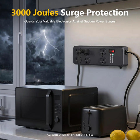 Heavy Duty Surge Protector Packing 3000 Joule Surge Defense 6 Outlet Beefy Metal Power Strip In Black next to kitchen appliances.