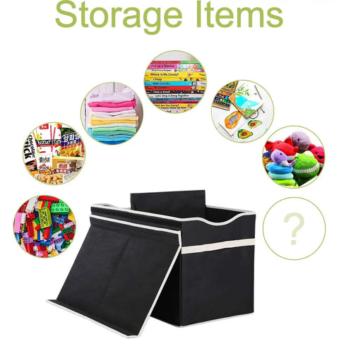 Extra Large Collapsible Toy Box Chest With Lids For Kids Storage with toys, clothes, and books around, in black color.