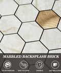 10 Pack Peel And Stick Hexagon Backsplash Tiles In Cream Marble Brushed Copper Metal Look For Kitchen And Bath, built tough waterproof