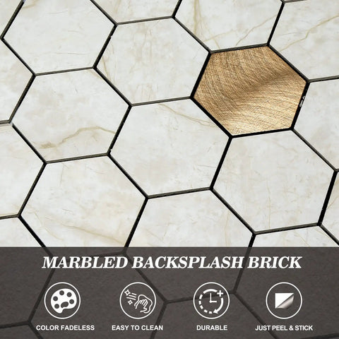 10 Pack Peel And Stick Hexagon Backsplash Tiles In Cream Marble Brushed Copper Metal Look For Kitchen And Bath, built tough waterproof
