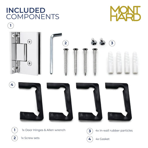 Heavy Duty Glass Shower Door Hinge With Full Back Plate Polished Chrome Finish For Half Inch Tempered Glass Frameless Doors included components like screws and gaskets.