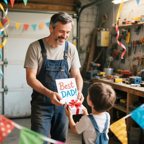 Man in workshop receiving 'Best Dad' card from child, surrounded by colorful decorations.