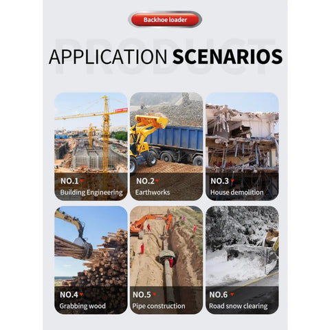Image showing application scenarios for all in one towable hydraulic backhoe loader, including construction, earthworks, and snow clearing.