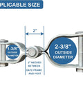 Heavy Duty Chain Link Fence Gate Hinge Kit 1-3/8 To 2-3/8 Inch Galvanized Steel with applicable size diagram for gate frame and post.