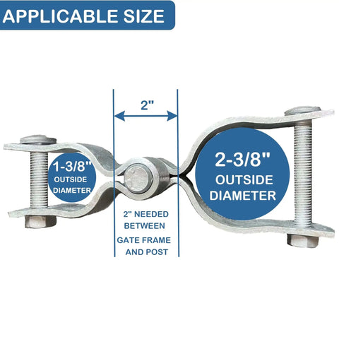 Heavy Duty Chain Link Fence Gate Hinge Kit 1-3/8 To 2-3/8 Inch Galvanized Steel with applicable size diagram for gate frame and post.