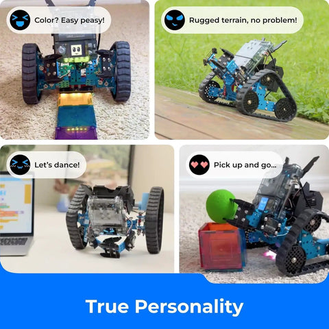 mBot2 Rover STEM Coding Robot Kit For AI Learning, Aluminum Robot With Sensors For Easy To Advanced Projects, Control With Smartphone Or Gamepad Or Auto-Program, Bluetooth And Wifi Enabled, Learn Block-Based To Python Coding, Perfect For Classrooms And; blue aluminum rover on carpet and outdoors