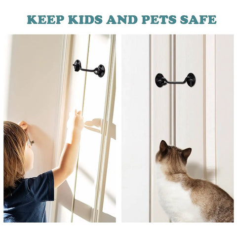Child and cat near 4 Inch Barn Door Latch Lock Hardware For Sliding Doors Rust Resistant Metal Gate Latch with Screws Privacy Hook Lock