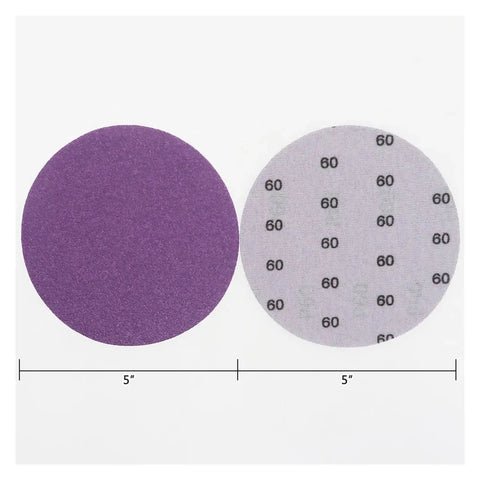Top Shelf 5 Inch Sanding Discs With Hook Loop Backing For Super Fast Changes On Wood Furniture Metal Grinding And Auto Polishing Projects In 60 To 10000 Grit Range Including Pro Grade 20 Pack - purple and grey discs side by side.
