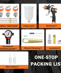 Pro Level HVLP Paint Spray Gun Kit With Live Pressure Gauge And Precision Brass Tips packing list image, includes spray gun, pressure gauge, and accessories.