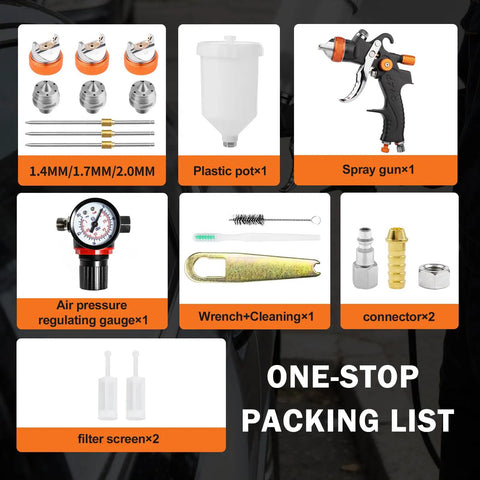 Pro Level HVLP Paint Spray Gun Kit With Live Pressure Gauge And Precision Brass Tips packing list image, includes spray gun, pressure gauge, and accessories.