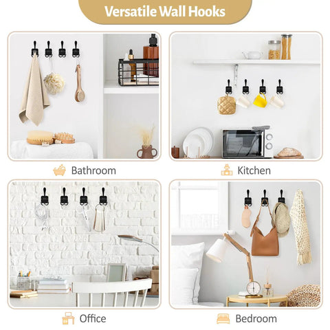 Wall Mounted Metal 3 Prong Coat Hooks Set With Self Adhesive And Screw Mount Dual Installation Options For Door Or Wall Black Finish 4 Pack DIY Friendly Entryway Hanger Hooks in use in various rooms such as bathroom, kitchen, office, and bedroom.