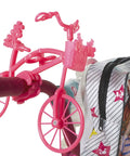 Close-up of Barbie 16 Inch Girls Bike For Kids Aged Five To Seven with fun pink handlebar accessory and attached bag