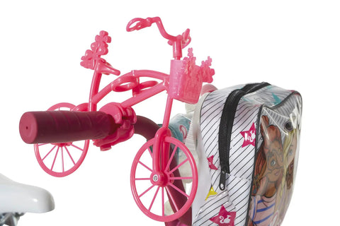 Close-up of Barbie 16 Inch Girls Bike For Kids Aged Five To Seven with fun pink handlebar accessory and attached bag