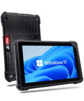Heavy Duty Rugged Windows 11 Pro Tablet featuring an integrated barcode scanner, 10.1 inch black display, durable exterior.