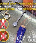 Pro Grade Leather Pricking Irons And Diamond Stitching Chisel Set with protective pad and tool demonstration.