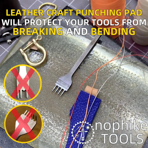 Pro Grade Leather Pricking Irons And Diamond Stitching Chisel Set with protective pad and tool demonstration.