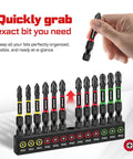 Hand selecting a 52 Piece Magnetic Phillips Screwdriver Bit Set for Impact Drivers With PH1 PH2 PH3 1-6 Inch Bits Color Coded Base