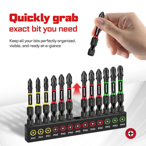 Hand selecting a 52 Piece Magnetic Phillips Screwdriver Bit Set for Impact Drivers With PH1 PH2 PH3 1-6 Inch Bits Color Coded Base