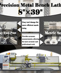 Badass 8X39 Inch Metal Bench Lathe With 1100W Brushless Motor showing 4-way tool post and metric scale for precision machining.