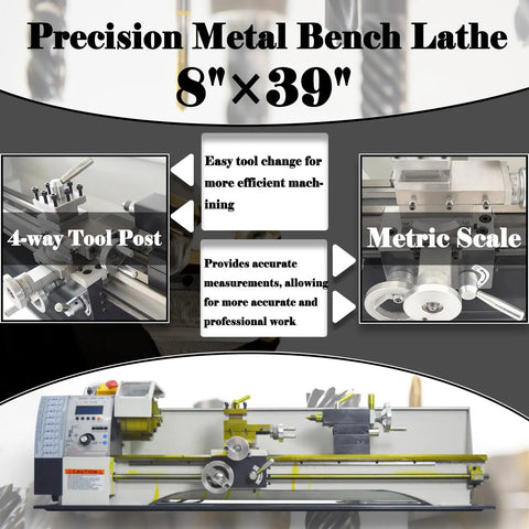 Badass 8X39 Inch Metal Bench Lathe With 1100W Brushless Motor showing 4-way tool post and metric scale for precision machining.