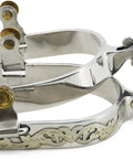 Stainless Steel Western Cowboy Spurs With Straps Engraved German Silver Trims Three Quarter Inch Rowel One Inch Shank Includes Spur Straps