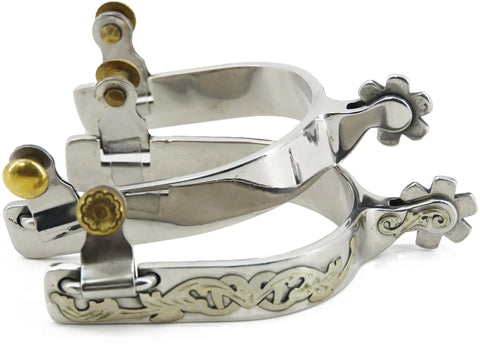 Stainless Steel Western Cowboy Spurs With Straps Engraved German Silver Trims Three Quarter Inch Rowel One Inch Shank Includes Spur Straps
