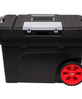 Side view of Rolling Tool Box With Wheels Lockable Latch Heavy Duty Plastic 15.2 Inch Includes Removable Organizer And Tray