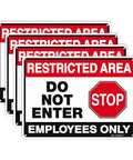 Top Shelf Restricted Area Do Not Enter Signs For Crews Heavy Gauge Aluminum Metal Plate Four Pack showing signs with stop symbol, measuring 10x7 inches.