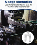 MUZIK 56-piece 304 stainless steel shim kit; 2x2 in slotted shims, inset U-shaped shim graphic beside an industrial lathe