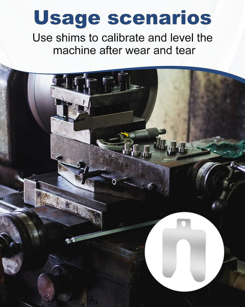 MUZIK 56-piece 304 stainless steel shim kit; 2x2 in slotted shims, inset U-shaped shim graphic beside an industrial lathe