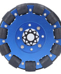 5-inch omni wheel for robots with aluminum hub, blue metal rollers, designed for smooth omni directional movement in DIY robotics projects